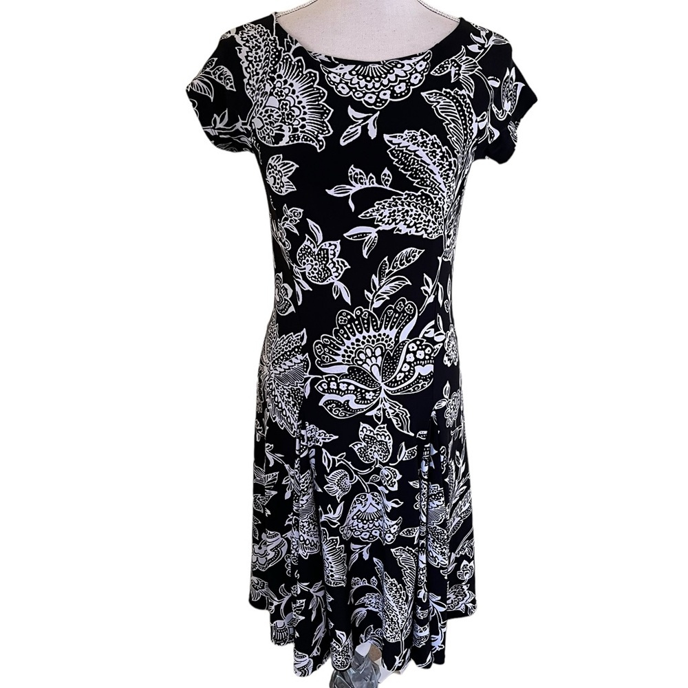 Lauren Ralph Lauren Black/White Floral jersey Knit Short Sleeve Aline Dress